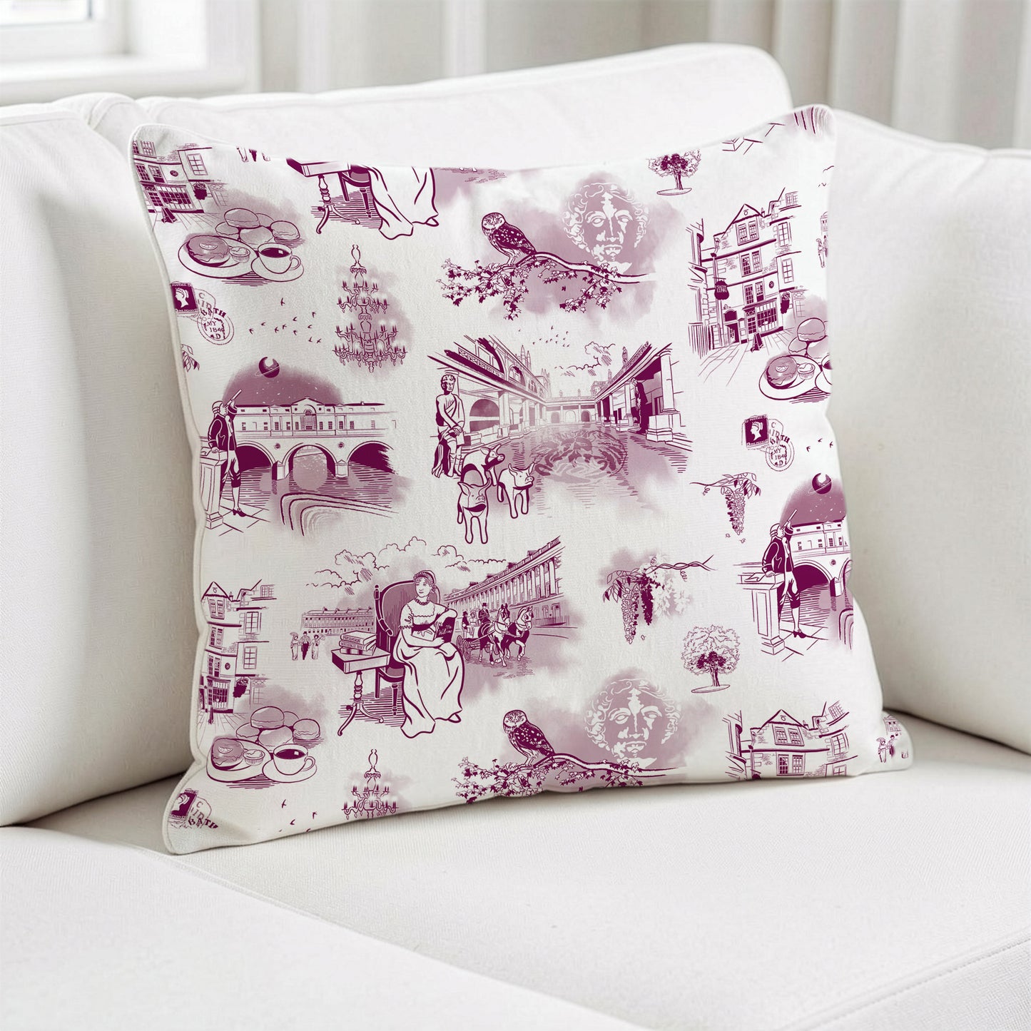 Burgundy and White City of Bath Cushion Cover
