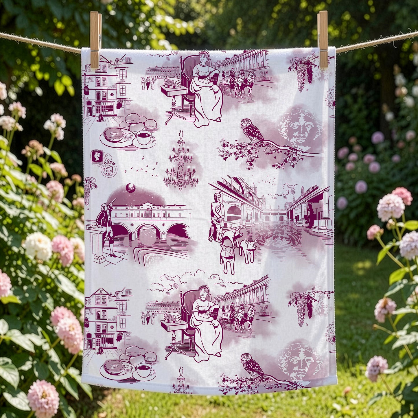 Burgundy and White City of Bath Tea Towel