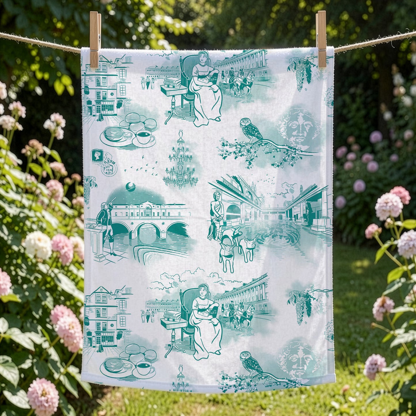 Teal and White City of Bath Tea Towel