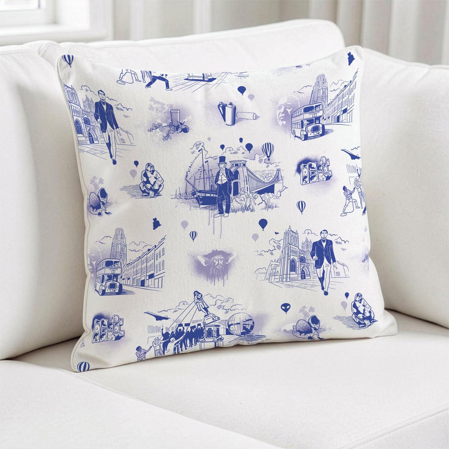 Blue and White Bristol Icons Cushion Cover