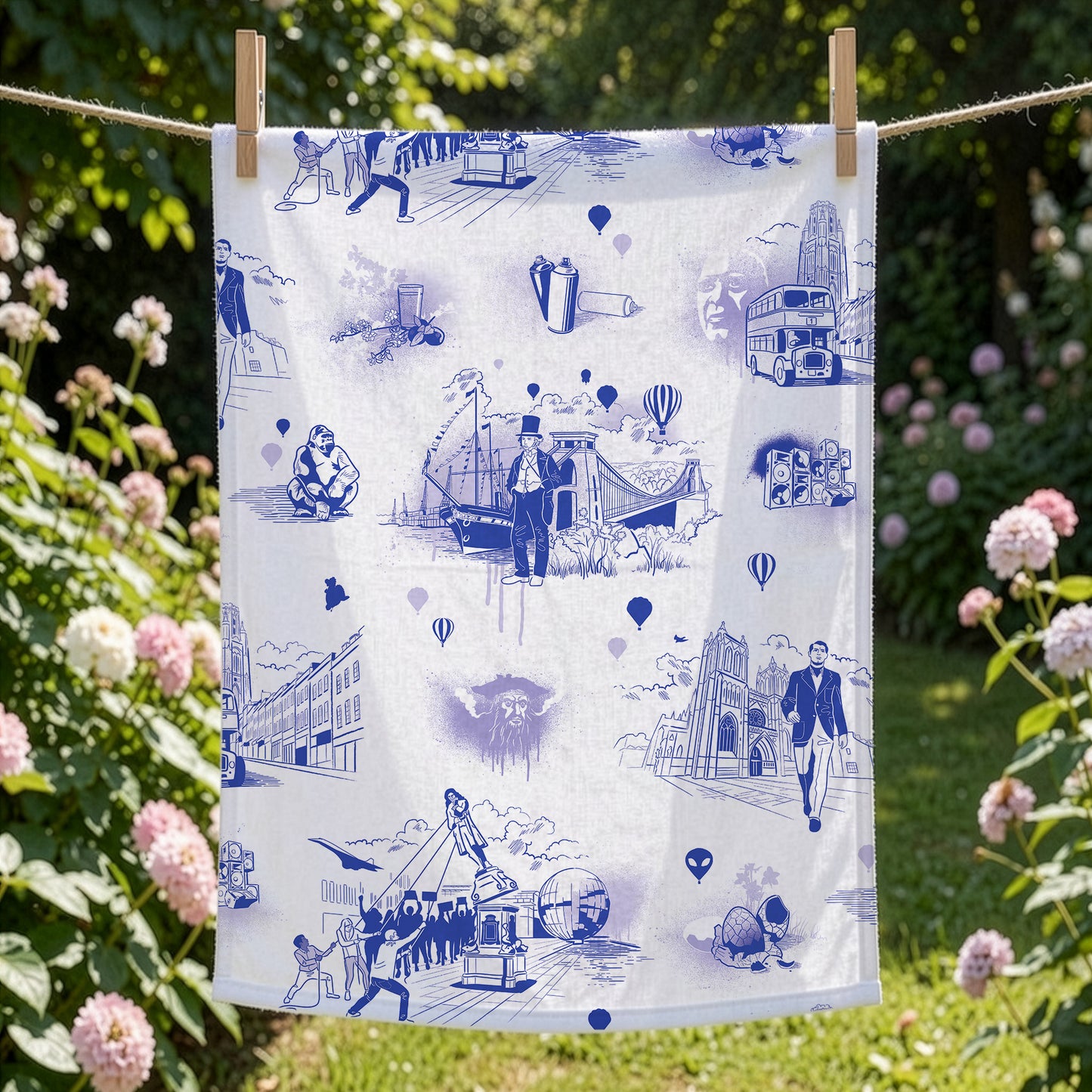 Blue and White Bristol Icons Tea Towel