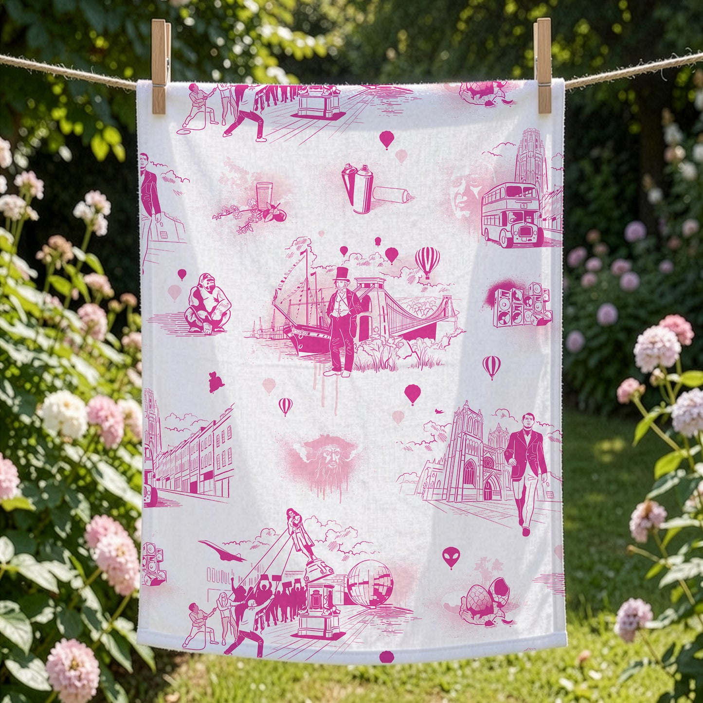 Pink and White Bristol Icons Tea Towel