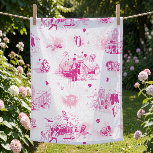 Pink and White Bristol Icons Tea Towel