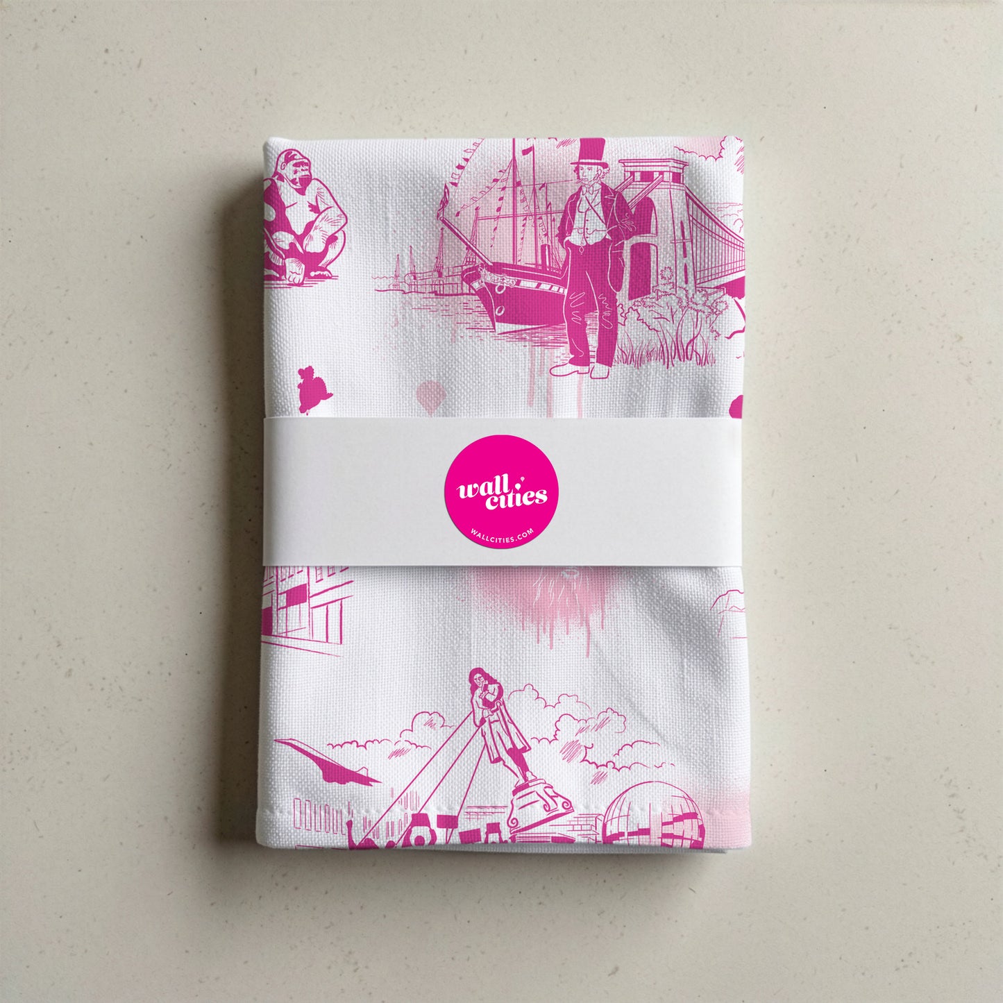 Pink and White Bristol Icons Tea Towel