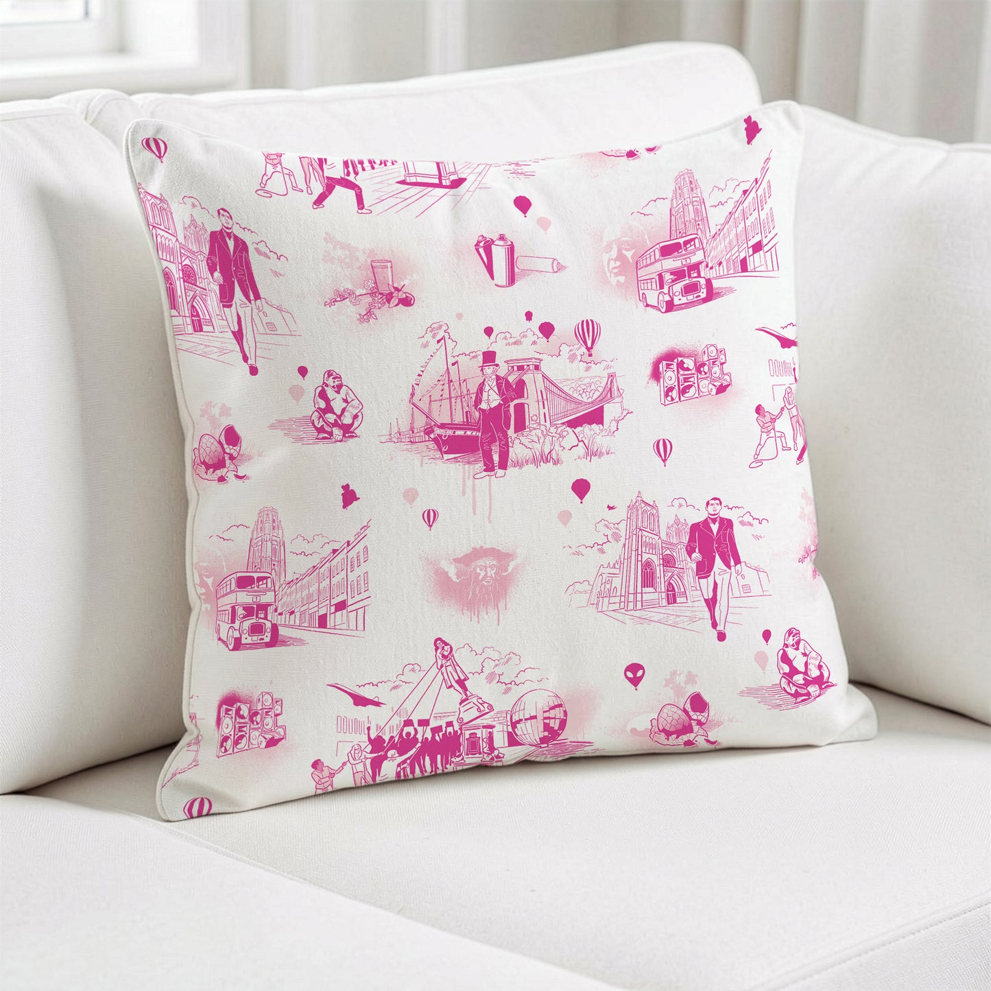 Pink and White Bristol Icons Cushion Cover